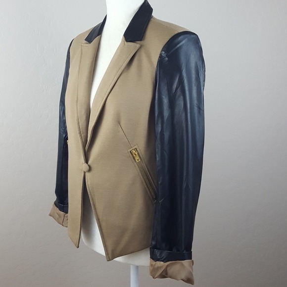 WD NY Women's Tan Faux Leather Sleeve Blazer Jacket Size S NEW - Picture 3 of 7